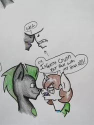 Size: 690x920 | Tagged: safe, artist:paper view of butts, derpibooru import, oc, oc:cyrax, oc:paper butt, pony, boop, clothes, colored, comic, dialogue, glasses, horn, jacket, male, nose to nose, noseboop, stallion, traditional art