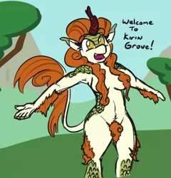 Size: 479x500 | Tagged: anthro, armpits, artist:jargon scott, autumn blaze, breasts, busty autumn blaze, casual nudity, derpibooru import, excessive pubic hair, female, fluffy, godiva hair, hair censor, kirin, leg fluff, nudity, open mouth, pubic fluff, pubic hair, scales, smiling, solo, solo female, sounds of silence, strategically covered, suggestive