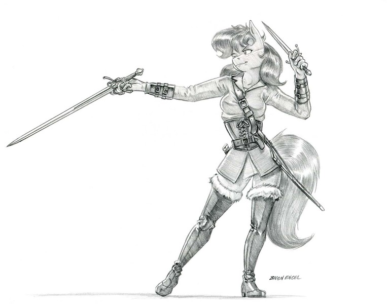 Size: 1400x1095 | Tagged: anthro, anthro oc, artist:baron engel, boots, clothes, corset, dagger, derpibooru import, female, grayscale, mare, monochrome, monocle, oc, oc:latch, pencil drawing, pirate, rapier, safe, shoes, simple background, sketch, smiling, solo, sword, thigh boots, traditional art, unguligrade anthro, unofficial characters only, weapon, white background