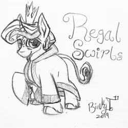 Size: 2579x2579 | Tagged: safe, artist:binkyt11, derpibooru import, ponified, classical unicorn, pony, unicorn, body markings, clothes, cloven hooves, crossover, crown, curved horn, elf ears, grand minimus, horn, jewelry, leonine tail, male, monochrome, rayman, regal, regalia, robe, royalty, solo, stallion, teensies, traditional art, unshorn fetlocks