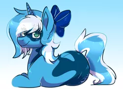 Size: 2308x1676 | Tagged: safe, artist:raponee, derpibooru import, oc, oc:snow sailor, unofficial characters only, pony, unicorn, bow, looking at you, lying down, rule 63, solo