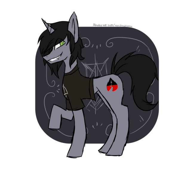 Size: 1280x1225 | Tagged: safe, artist:xpromkingx, derpibooru import, ponified, ponified:kellin quinn, pony, unicorn, clothes, commission, disguise, disguised siren, fangs, grin, hair over one eye, looking at you, male, missing accessory, raised hoof, shirt, simple background, sleeping with sirens, smiling, solo, stallion, standing, t-shirt, transparent background