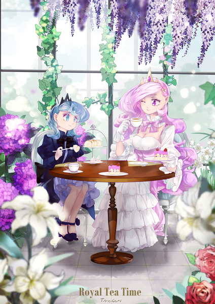 Size: 2059x2912 | Tagged: anime, artist:tingsan, clothes, cup, derpibooru import, dress, drink, duo, female, flower, food, fork, human, humanized, jewelry, one eye closed, plate, princess celestia, princess luna, regalia, royal sisters, safe, shoes, siblings, sisters, sitting, smiling, table, tea, teacup, wink