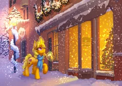 Size: 3508x2480 | Tagged: safe, artist:dragonataxia, derpibooru import, oc, unofficial characters only, pony, unicorn, christmas, christmas tree, clothes, coffee, commission, curved horn, female, glowing horn, holiday, horn, lamppost, magic, mare, scarf, snow, snowfall, solo, telekinesis, tree, window, winter, wreath