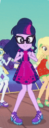 Size: 151x395 | Tagged: safe, derpibooru import, edit, screencap, applejack, rarity, sci-twi, twilight sparkle, equestria girls, equestria girls series, i'm on a yacht, spoiler:eqg series (season 2), animated, clothes, cropped, dancing, feet, female, geode of shielding, gif, glasses, jumping, legs, looking at you, magical geodes, offscreen character, ponytail, sandals, shoes, skirt