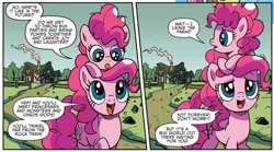 Size: 1051x583 | Tagged: safe, artist:pencils, derpibooru import, idw, pinkie pie, earth pony, pony, spoiler:comic, spoiler:comicidw2020, comic, duo, female, filly, filly pinkie pie, mare, official comic, ponies riding ponies, riding, self ponidox, sitting on head, speech bubble, time paradox, younger