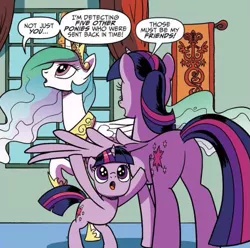 Size: 653x647 | Tagged: safe, artist:pencils, derpibooru import, idw, princess celestia, twilight sparkle, twilight sparkle (alicorn), alicorn, pony, unicorn, spoiler:comic, spoiler:comicidw2020, :o, adorkable, amazed, bipedal, butt, cute, dork, ethereal mane, female, filly, filly twilight sparkle, looking up, mare, official comic, open mouth, plot, self ponidox, speech bubble, spread wings, time paradox, trio, twiabetes, twibutt, unicorn twilight, wings, younger