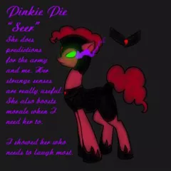 Size: 250x250 | Tagged: safe, artist:sinsays, derpibooru import, part of a set, pinkie pie, earth pony, pony, ask corrupted twilight sparkle, tumblr:ask corrupted twilight sparkle, alternate timeline, armor, color change, corrupted, corrupted element of harmony, corrupted element of laughter, corrupted pinkie pie, dark, dark equestria, dark magic, dark world, darkened coat, darkened hair, element of laughter, female, glowing eyes, magic, mind control, part of a series, picture for breezies, pinkie pie becomes a royal guard, profile, reference sheet, seer, solo, sombra empire, sombra eyes, sombrafied, tumblr