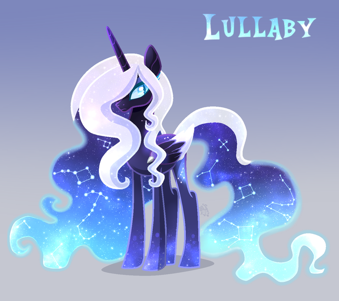 Size: 1361x1210 | Tagged: safe, artist:sugaryicecreammlp, derpibooru import, oc, oc:lullaby, unofficial characters only, alicorn, pony, adopted offspring, alicorn oc, constellation, ethereal mane, female, gradient background, hair over one eye, horn, mare, parent:nightmare moon, solo, starry mane, wings