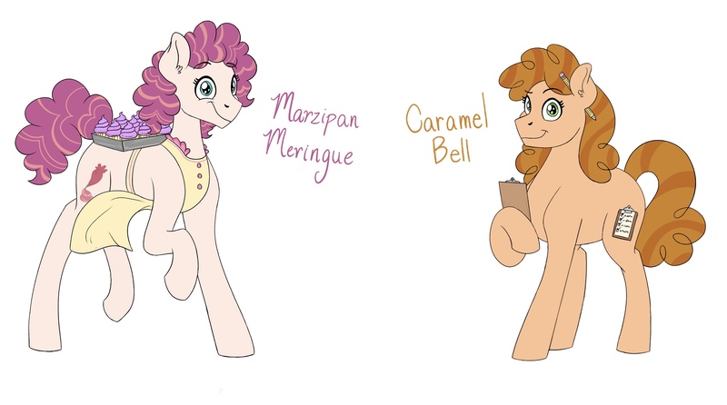 Size: 2391x1333 | Tagged: safe, artist:pastel-charms, derpibooru import, oc, oc:caramel bell, oc:carmel bell, oc:marzipan meringue, oc:taffy twirl, unofficial characters only, earth pony, pony, cupcake, female, food, mare, offspring, parent:cheese sandwich, parent:pinkie pie, parents:cheesepie, redesign, simple background, white background