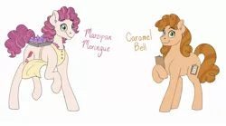 Size: 2391x1333 | Tagged: safe, artist:pastel-charms, derpibooru import, oc, oc:caramel bell, oc:carmel bell, oc:marzipan meringue, oc:taffy twirl, unofficial characters only, earth pony, pony, cupcake, female, food, mare, offspring, parent:cheese sandwich, parent:pinkie pie, parents:cheesepie, redesign, simple background, white background