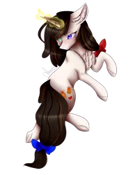 Size: 1800x2361 | Tagged: safe, artist:dawndream2003, derpibooru import, oc, oc:vesime harebell, pony, unicorn, bow, chest fluff, female, hair bow, magic, mare, solo, tail bow, underhoof