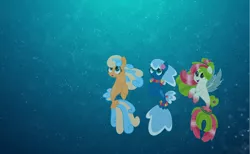 Size: 6000x3705 | Tagged: artist:pilot231, derpibooru import, female, fins, flower on ear, freckles, gradient hooves, lei, mare, movie accurate, oc, oc:sea foam ep, oc:shelly shores, oc:watermelana, safe, seapony (g4), trio, underwater, unofficial characters only, vector