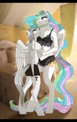 Size: 1371x2160 | Tagged: artist needed, suggestive, derpibooru import, princess celestia, oc, oc:light knight, alicorn, anthro, pegasus, unguligrade anthro, amazon, anthro oc, bed, black underwear, bra, breasts, canon x oc, clothes, female, larger female, lightestia, lingerie, male, mare, panties, size difference, smaller male, smiling, stallion, straight, tall, tallestia, underwear