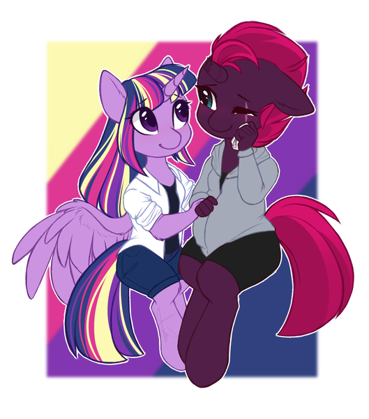 Size: 1322x1500 | Tagged: alicorn, anthro, artist:purplegrim40, clothes, derpibooru import, eye scar, female, lesbian, pregnant, rainbow power, safe, scar, scar on the wrong side, shipping, smiling, tempestlight, tempest shadow, twilight sparkle, twilight sparkle (alicorn), unguligrade anthro