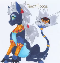 Size: 1742x1845 | Tagged: artist:frozensoulpony, derpibooru import, hybrid, interspecies offspring, male, oc, oc:tezcatlipoca, offspring, parent:ahuizotl, parent:daring do, parents:darizotl, safe, solo, traditional art