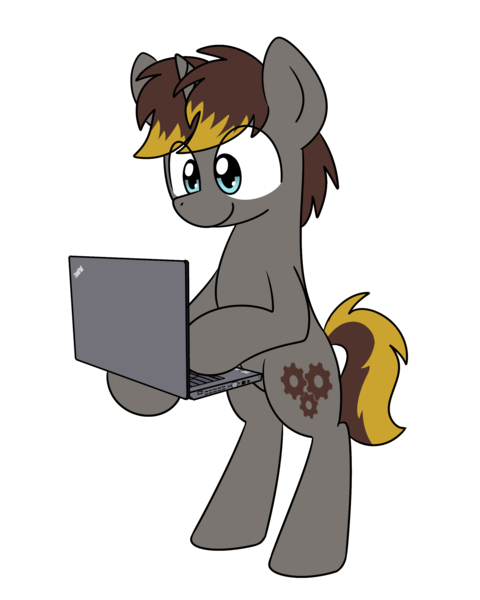 Size: 2048x2560 | Tagged: safe, artist:sugar morning, derpibooru import, oc, oc:geartooth, unofficial characters only, pony, commission, computer, laptop computer, solo, thinkpad