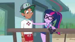 Size: 1280x720 | Tagged: safe, derpibooru import, screencap, sci-twi, timber spruce, twilight sparkle, equestria girls, equestria girls series, unsolved selfie mysteries, cap, clothes, female, geode of telekinesis, glasses, hat, legs, lifeguard, lifeguard timber, magical geodes, male, ponytail, shorts, sleeveless, swimsuit