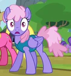 Size: 996x1058 | Tagged: safe, derpibooru import, screencap, amethyst star, cherry berry, flounder (character), rainbowshine, pegasus, pony, trade ya, background pony, cropped, female, looking at camera, looking at the camera, looking at you, mare, missing cutie mark, shocked, solo focus, weather team, wide eyes, winter wrap up vest