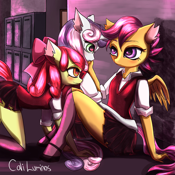 Size: 4096x4096 | Tagged: suggestive, artist:cali luminos, derpibooru import, apple bloom, scootaloo, sweetie belle, anthro, earth pony, pegasus, unguligrade anthro, unicorn, absurd resolution, blushing, bow, clothes, cmc threesome, cutie mark crusaders, eye sparkles, female, hair bow, imminent sex, lesbian, lockers, mare, mary janes, miniskirt, older, older apple bloom, older scootaloo, older sweetie belle, pleated skirt, polyamory, school uniform, schoolgirl, scootabelle, scootabloom, shipping, shirt, shoes, signature, sitting, skirt, skirtaloo, smiling, socks, sweetiebloom, sweetiebloomaloo, thighs, wingding eyes