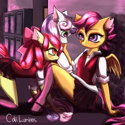 Size: 4096x4096 | Tagged: suggestive, artist:cali luminos, derpibooru import, apple bloom, scootaloo, sweetie belle, anthro, earth pony, pegasus, unguligrade anthro, unicorn, absurd resolution, blushing, bow, clothes, cmc threesome, cutie mark crusaders, eye sparkles, female, hair bow, imminent sex, lesbian, lockers, mare, mary janes, miniskirt, older, older apple bloom, older scootaloo, older sweetie belle, pleated skirt, polyamory, school uniform, schoolgirl, scootabelle, scootabloom, shipping, shirt, shoes, signature, sitting, skirt, skirtaloo, smiling, socks, sweetiebloom, sweetiebloomaloo, thighs, wingding eyes
