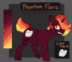 Size: 1773x1529 | Tagged: safe, artist:trexqueen, derpibooru import, oc, oc:phantom flare, unofficial characters only, ghost, pony, undead, unicorn, cutie mark, female, mare, orange eyes, orange mane, red coat, red eyes, red mane, reference sheet, short tail, yellow eyes, yellow mane