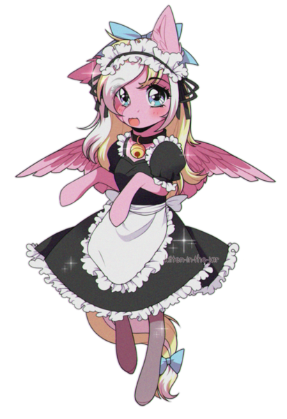 Size: 1068x1557 | Tagged: safe, artist:kitten-in-the-jar, derpibooru import, oc, oc:bay breeze, unofficial characters only, pegasus, pony, bell, bell collar, blushing, bow, clothes, collar, commission, cute, dress, female, hair bow, looking at you, maid, mare, open mouth, simple background, tail bow, transparent background, ych result