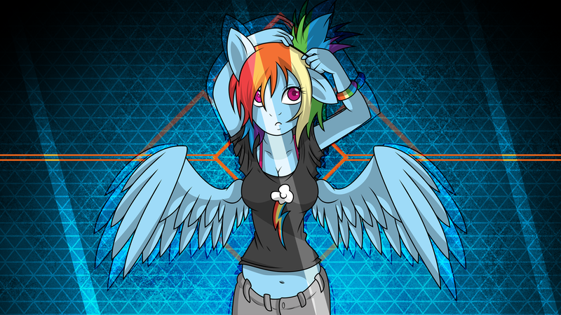 Size: 3265x1837 | Tagged: alternate hairstyle, anthro, artist:laszlvfx, artist:owlisun, belly button, bra, bra strap, breasts, busty rainbow dash, cleavage, clothes, derpibooru import, edit, female, midriff, rainbow dash, safe, solo, uhd, underwear, wallpaper, wallpaper edit