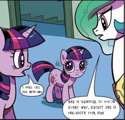 Size: 517x496 | Tagged: alicorn, austin powers, clone, cropped, crossover, derpibooru import, dr. evil, edit, edited edit, female, filly, filly twilight sparkle, idw, mini-me, princess celestia, safe, spoiler:comicidw2020, the spy who shagged me, twilight sparkle, twilight sparkle (alicorn), younger