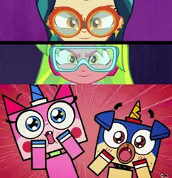 Size: 500x517 | Tagged: safe, derpibooru import, editor:earwaxkid, indigo zap, lemon zest, equestria girls, crossover, female, lego, lemonzap, lesbian, meme, puppycorn, shipping, the lego movie, unikitty, unikitty! (tv series)