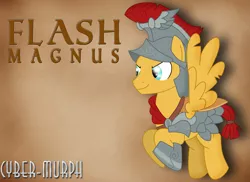 Size: 2149x1564 | Tagged: safe, artist:cyber-murph, derpibooru import, flash magnus, pegasus, pony, campfire tales, season 7, armor, helmet, signature