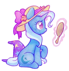 Size: 1280x1335 | Tagged: safe, artist:dawnfire, derpibooru import, trixie, pony, unicorn, accessory swap, blushing, clothes, cute, diatrixes, female, glowing horn, hat, hate, horn, levitation, magic, mare, mirror, raised hoof, simple background, smiling, solo, sparkles, sun hat, telekinesis, transparent background, trixie's hat