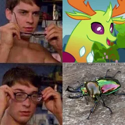 Size: 1564x1564 | Tagged: beetle, changedling, changeling, cropped, cute, derpibooru import, edit, edited screencap, glasses, happy, human, insect, irl, irl human, king thorax, male, meme, open mouth, peter parker, photo, safe, screencap, shiny, smiling, spider-man, stag beetle, that explains everything, thorabetes, thorax, wat
