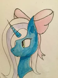 Size: 1280x1707 | Tagged: safe, artist:marian-rose, derpibooru import, oc, oc:fleurbelle, unofficial characters only, alicorn, pony, alicorn oc, blue coat, bow, bust, clothes, eyelashes, female, hair bow, horn, looking away, mare, solo, traditional art, watercolour, wings, yellow eyes