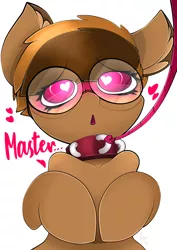 Size: 2893x4092 | Tagged: suggestive, artist:ahekao, derpibooru import, oc, oc:vole, unofficial characters only, earth pony, pony, anime eyes, blushing, collar, commission, dominant pov, female, femsub, glasses, heart, heart eyes, leash, mare, master, open mouth, simple background, speech, submissive, talking, white background, wingding eyes, ych result