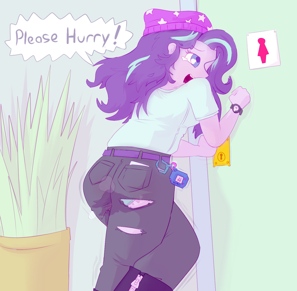 Size: 1468x1440 | Tagged: questionable, artist:lawrence alpaca, derpibooru import, starlight glimmer, equestria girls, mirror magic, spoiler:eqg specials, accident, bathroom, bathroom sign, beanie, belt, blue underwear, boots, clothes, crossed legs, desperation, digimon, door, emergency, hat, jeans, knocking, leaking, need to pee, omorashi, panties, pants, peeing in pants, pissing, plant, potty dance, potty emergency, potty time, ripped pants, shoes, speech bubble, teary eyes, underwear, urine, watch, wet clothes, wet pants, wetting