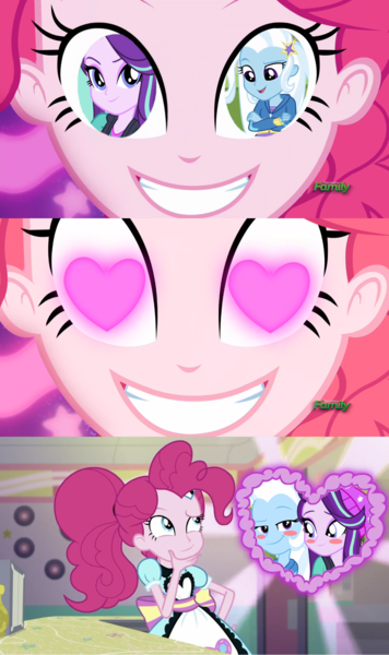 Size: 1280x2160 | Tagged: safe, artist:themexicanpunisher, derpibooru import, edit, edited screencap, screencap, pinkie pie, starlight glimmer, trixie, coinky-dink world, eqg summertime shorts, equestria girls, equestria girls (movie), mirror magic, spoiler:eqg specials, female, heart eyes, lesbian, shipping, smiling, startrix, wingding eyes