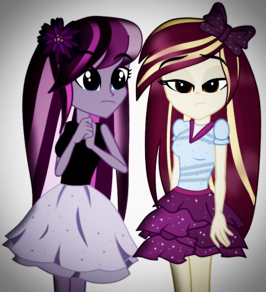 Size: 730x800 | Tagged: safe, artist:galacticflashd, derpibooru import, oc, oc:lavender floralis, oc:styler selvano, unofficial characters only, equestria girls, bow, clothes, flower, hair bow, skirt