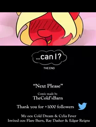 Size: 2000x2666 | Tagged: artist:thecoldsbarn, blushing, blushing profusely, comic, comic:next please, credits, derpibooru import, exclamation point, interrobang, meta, milestone, oc, oc:cylia fever, question mark, safe, the end, twitter