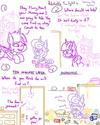 Size: 1280x1611 | Tagged: safe, artist:adorkabletwilightandfriends, derpibooru import, princess cadance, princess flurry heart, twilight sparkle, twilight sparkle (alicorn), alicorn, pony, comic:adorkable twilight and friends, adorkable, adorkable twilight, blocks, cake, candy, comic, cookie, cute, desperation, dork, female, filly, food, games, hide and seek, humor, in the closet, lineart, locked, mom, need to pee, omorashi, outsmart, pie, potty emergency, potty time, snacks