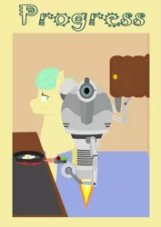 Size: 2123x3000 | Tagged: safe, artist:alltimemine, derpibooru import, oc, unofficial characters only, pony, robot, fallout equestria, fanfic, artificial horn, buzzsaw, circular saw, fanfic art, female, fried egg, high res, inkscape, lineless, magic, mare, ministry of wartime technology, mister handy, poster, profile, saw, smiling, solo, vector