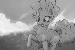 Size: 4633x3133 | Tagged: safe, artist:cookiedesu, derpibooru import, pinkie pie, pony, clothes, cloud, grayscale, monochrome, ocean, smiling, solo, swimsuit