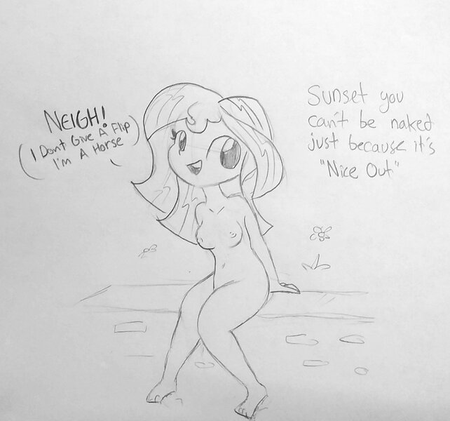 Size: 1501x1403 | Tagged: questionable, artist:tjpones, derpibooru import, sunset shimmer, equestria girls, barefoot, bilingual, breasts, casual nudity, complete nudity, cute, descriptive noise, dialogue, feet, flower, full body, grayscale, homesick shimmer, horse noises, humans doing horse things, lineart, looking at you, monochrome, neigh, nipples, nudity, open mouth, pencil drawing, simple background, sitting, sketch, smiling, solo focus, traditional art, we don't normally wear clothes, white background
