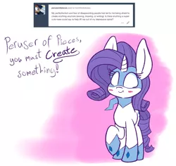 Size: 1280x1209 | Tagged: safe, artist:heir-of-rick, derpibooru import, rarity, pony, unicorn, ask, blushing, chalkzone, description is relevant, dialogue, female, impossibly large ears, mare, mask, motivational, raised hoof, snap (chalkzone), solo, tumblr