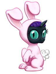 Size: 784x1020 | Tagged: safe, artist:vasillium, derpibooru import, oc, oc:nyx, unofficial characters only, alicorn, pony, alicorn oc, animal costume, bunny costume, bunny ears, bunny tail, clothes, cosplay, costume, cute, diabetes, dressup, ears up, eye slits, female, filly, happy, horn, looking, looking at you, looking back, looking back at you, mare, nostrils, nyxabetes, princess, royalty, simple background, sitting, sitting up, solo, suit, transparent background, wall of tags, wings