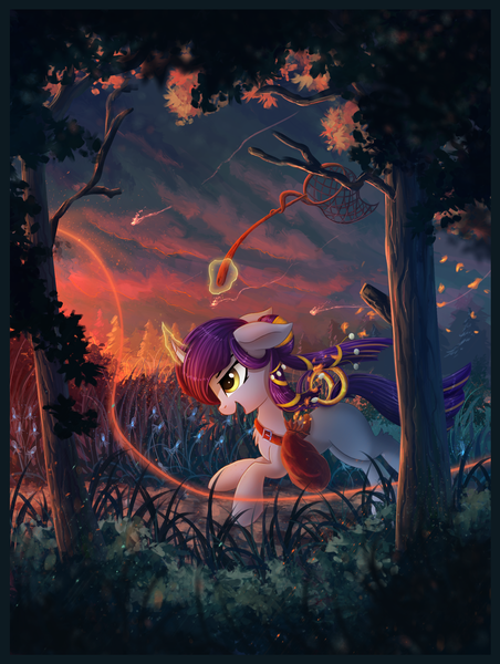 Size: 2079x2760 | Tagged: safe, artist:atlas-66, derpibooru import, oc, unofficial characters only, pony, unicorn, bag, curved horn, female, glowing horn, grass, high res, horn, levitation, magic, mare, net, open mouth, path, running, saddle bag, scenery, scenery porn, stars, telekinesis, tree