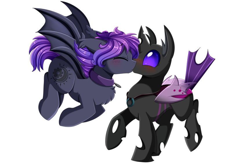 Size: 3262x2346 | Tagged: safe, artist:pridark, derpibooru import, oc, oc:astral void, oc:nightwing, unofficial characters only, bat pony, changeling, pony, bat pony oc, bat wings, changeling oc, chest fluff, collar, commission, cute, ear tufts, eyes closed, floppy ears, flying, gay, jewelry, kissing, male, necklace, ocbetes, purple changeling, raised hoof, raised leg, shipping, shoulder fluff, simple background, smiling, spread wings, surprise kiss, surprised, tail, tailboner, transparent background, wings