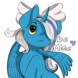 Size: 894x894 | Tagged: safe, derpibooru import, oc, oc:fleurbelle, alicorn, pony, adorabelle, alicorn oc, be mine, bow, cute, hair bow, heart, holiday, horn, one eye closed, valentine's day, wings, wink