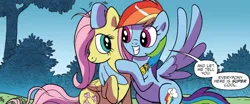 Size: 1440x600 | Tagged: safe, artist:pencils, derpibooru import, edit, idw, fluttershy, rainbow dash, pegasus, pony, spoiler:comic, spoiler:comicidw2020, bipedal, cute, duo, eye contact, female, flutterdash, friendshipping, grin, hair over one eye, hug, lesbian, looking at each other, mare, official comic, petting, raised hoof, shipping, shipping fuel, smiling, speech bubble, spread wings, squee, winghug, wings