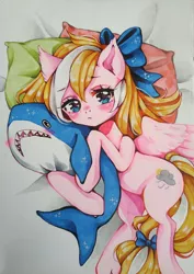 Size: 2500x3524 | Tagged: safe, artist:manekoart, derpibooru import, oc, oc:bay breeze, unofficial characters only, pegasus, pony, shark, bed, blushing, bow, cute, female, hair bow, laying on bed, looking at you, mare, on bed, pillow, plushie, shark plushie, tail bow, traditional art